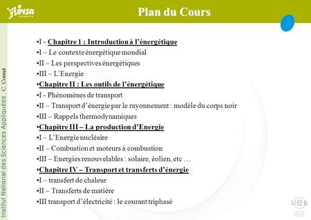 Plan du Cours I - Chapitre 1 : Introduction à l’énergétique