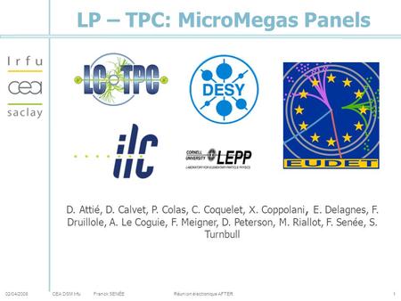 CEA DSM Irfu LP – TPC: MicroMegas Panels 02/04/2008Franck SENÉE Réunion électronique AFTER1 D. Attié, D. Calvet, P. Colas, C. Coquelet, X. Coppolani, E.