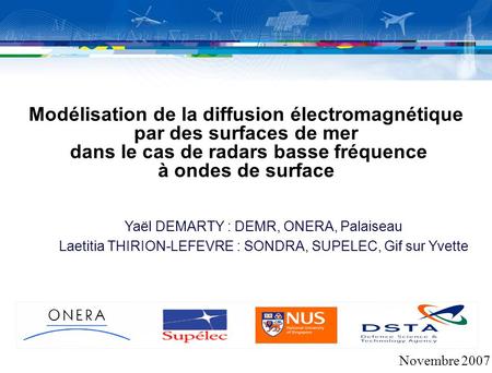 Modélisation de la diffusion électromagnétique par des surfaces de mer dans le cas de radars basse fréquence à ondes de surface Novembre 2007 Yaël DEMARTY.
