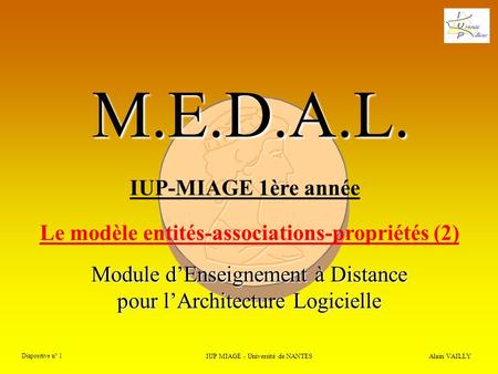 M.E.D.A.L. Module dEnseignement à Distance pour lArchitecture Logicielle Alain VAILLY Diapositive n° 1 IUP MIAGE - Université de NANTES IUP-MIAGE 1ère.