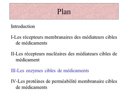 Plan Introduction I-Les récepteurs membranaires des médiateurs cibles de médicaments II-Les récepteurs nucléaires des médiateurs cibles de médicament III-Les.