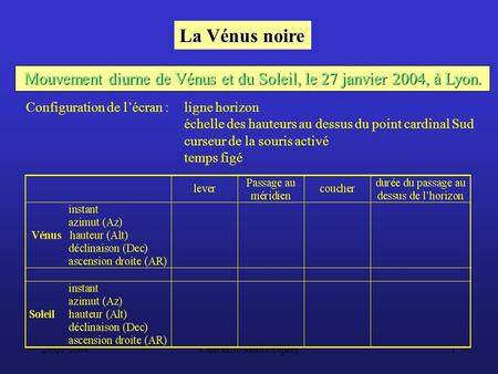 26/01/2004Club astro Saint Exupéry1 La Vénus noire Mouvement diurne de Vénus et du Soleil, le 27 janvier 2004, à Lyon. Configuration de lécran :ligne horizon.