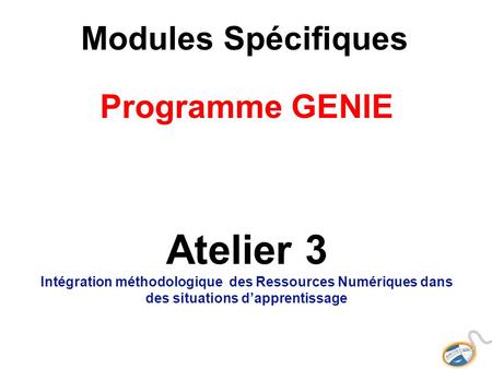 Modules Spécifiques Programme GENIE Atelier 3 Intégration méthodologique des Ressources Numériques dans des situations dapprentissage.