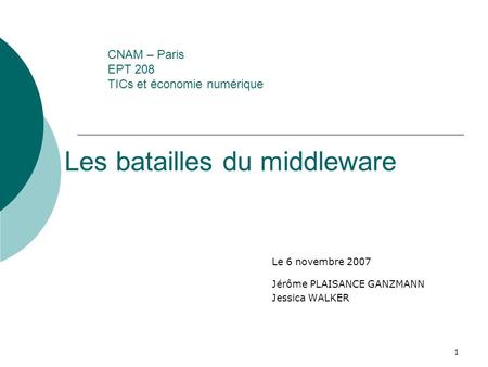 1 CNAM – Paris EPT 208 TICs et économie numérique Le 6 novembre 2007 Jérôme PLAISANCE GANZMANN Jessica WALKER Les batailles du middleware.