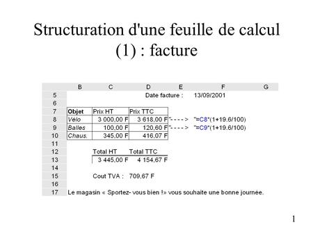 Structuration d'une feuille de calcul (1) : facture 1.