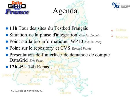 CC-Lyon le 21 Novembre 2001 Agenda 11h Tour des sites du Testbed Français Situation de la phase d'intégration Charles Loomis Point sur la bio-informatique,