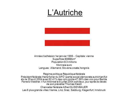L’Autriche Année d’adhésion:1er janvier Capitale: vienne