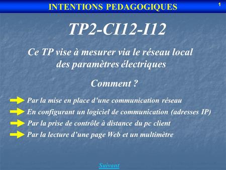 TP2-CI12-I12 Suivant INTENTIONS PEDAGOGIQUES Ce TP vise à mesurer via le réseau local des paramètres électriques Par la mise en place dune communication.