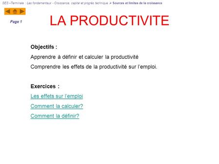 LA PRODUCTIVITE Objectifs :