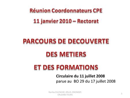 Réunion Coordonnateurs CPE PARCOURS DE DECOUVERTE