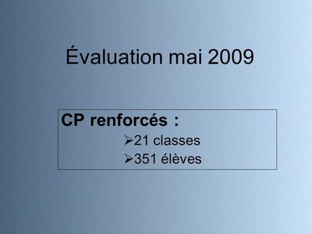 Évaluation mai 2009 CP renforcés : 21 classes 351 élèves.