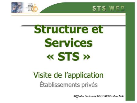 Diffusion Nationale TOULOUSE -Mars 2006 Structure et Services « STS » Visite de lapplication Établissements privés.