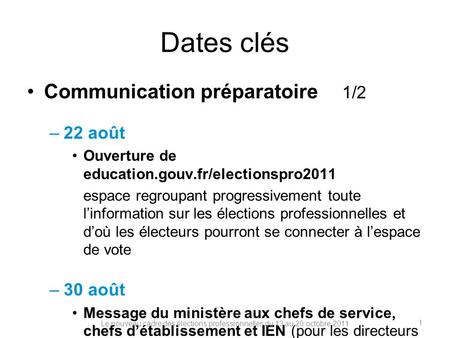 Dates clés Communication préparatoire 1/2 –22 août Ouverture de education.gouv.fr/electionspro2011 espace regroupant progressivement toute linformation.