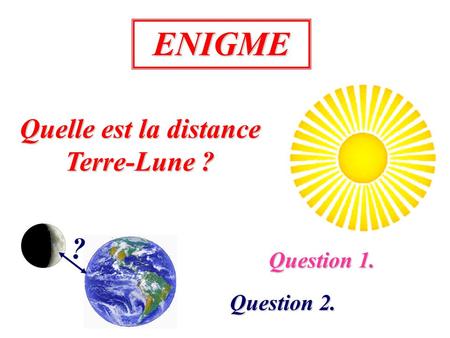 ENIGME Quelle est la distance Terre-Lune ? ? Question 1. Question 2.