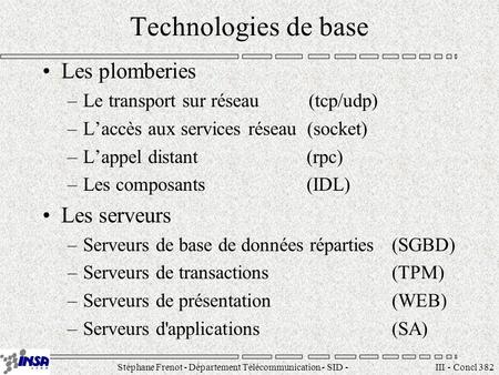 Stéphane Frenot - Département Télécommunication - SID - III - Concl 382 Technologies de base Les plomberies –Le transport.
