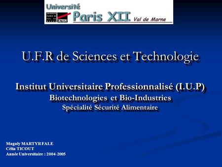 U.F.R de Sciences et Technologie Institut Universitaire Professionnalisé (I.U.P) Biotechnologies et Bio-Industries Spécialité Sécurité Alimentaire Page.