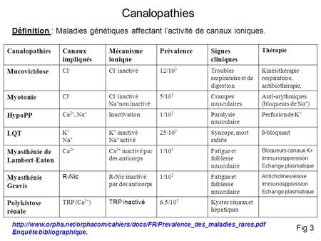 Canalopathies Définition : Maladies génétiques affectant l’activité de canaux ioniques. Canalopathies Canaux impliqués Mécanisme ionique Prévalence Signes.