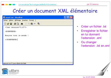 Université de Technologie de Belfort Montbéliard par S.Lamrous Le 10/05/2006 1 Créer un document XML élémentaire Créer un fichier.txt Enregistrer le fichier.