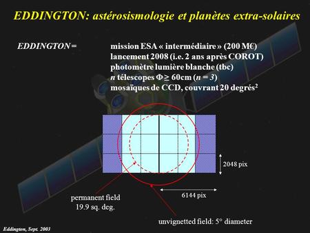 Eddington, Sept. 2003 EDDINGTON: astérosismologie et planètes extra-solaires EDDINGTON =mission ESA « intermédiaire » (200 M) lancement 2008 (i.e. 2 ans.