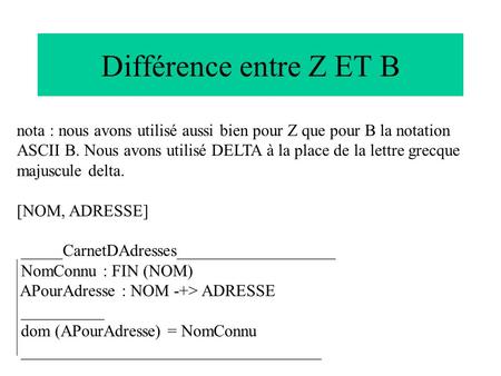 Différence entre Z ET B nota : nous avons utilisé aussi bien pour Z que pour B la notation ASCII B. Nous avons utilisé DELTA à la place de la lettre grecque.