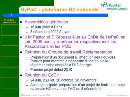 1 Plan de la présentation P H yrénées - Albi - 22 janvier 2010 Plan à 3 ans, actions 2010 HyPaC : plateforme H2 nationale Assemblées générales – 16 juin.