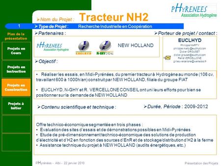 1 Plan de la présentation P H yrénées - Albi - 22 janvier 2010 Présentation des Projets Nom du Projet : Nom du Projet : Tracteur NH2 Projets en Instruction.