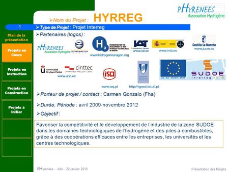1 Plan de la présentation P H yrénées - Albi - 22 janvier 2010 Présentation des Projets Nom du Projet : Nom du Projet : HYRREG Projets en Instruction Projets.
