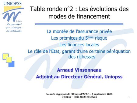 Journée régionale de lUriopss PACAC – 4 septembre 2008 Uniopss – Tous droits réservés 1 Table ronde n°2 : Les évolutions des modes de financement La montée.