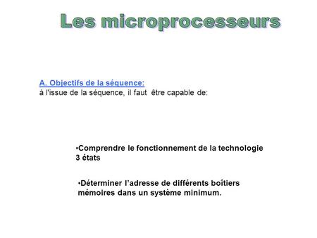 Les microprocesseurs A. Objectifs de la séquence: