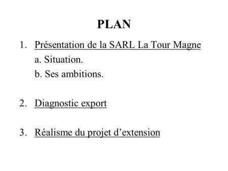 PLAN Présentation de la SARL La Tour Magne a. Situation.