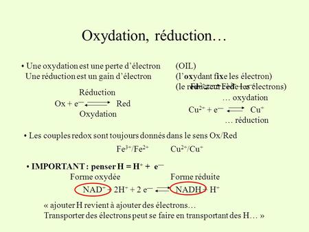 Oxydation, réduction… Une oxydation est une perte d’électron