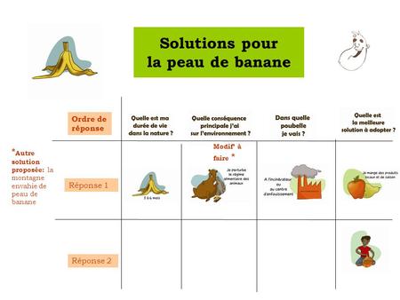 Solutions pour la peau de banane Ordre de réponse Réponse 1 Réponse 2 Modif à faire * * Autre solution proposée: la montagne envahie de peau de banane.