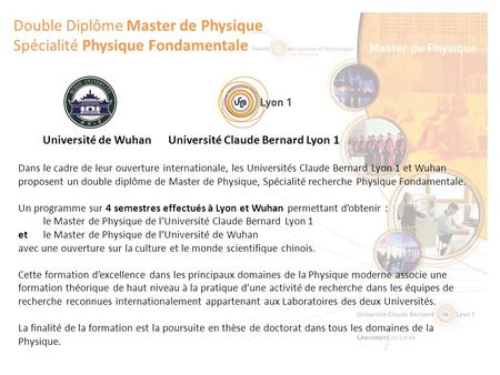 Double Diplôme Master de Physique Spécialité Physique Fondamentale