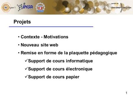 1 Projets Contexte - Motivations Nouveau site web Remise en forme de la plaquette pédagogique Support de cours informatique Support de cours électronique.