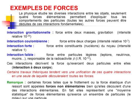EXEMPLES DE FORCES La physique étudie les diverses interactions entre les objets, seulement quatre forces élémentaires permettent d'expliquer tous les.