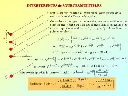INTERFERENCES de SOURCES MULTIPLES r1r1 r2r2 r3r3 r4r4 a Soit N sources ponctuelles synchrones, équidistantes de a émettant des ondes damplitudes égales.