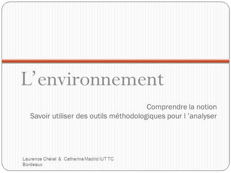 L’environnement Comprendre la notion Savoir utiliser des outils méthodologiques pour l ’analyser Laurence Chérel & Catherine Madrid IUT TC Bordeaux.