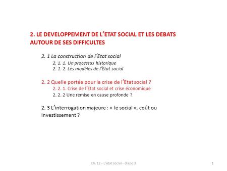 Ch. 12 - L'etat social - diapo 3 2. LE DEVELOPPEMENT DE L’ETAT SOCIAL ET LES DEBATS AUTOUR DE SES DIFFICULTES 2. 1 La construction de l’Etat social 2.
