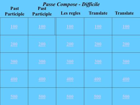 100 200 300 400 500 100 200 300 400 500 100 Translate Past Participle Les regles Passe Compose - Difficile 400 500.