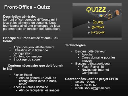 Description générale: Le front office regroupe différents mini- jeux et les alimente en contenu. Nous fournissons ainsi une enveloppe de jeux paramétrable.