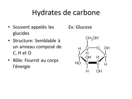 Hydrates de carbone Souvent appelés les glucides