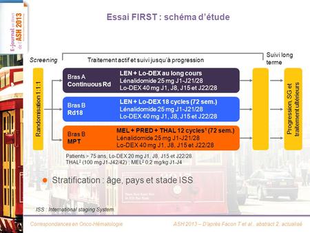 Correspondances en Onco-Hématologie Essai FIRST : schéma d’étude ASH 2013 – D'après Facon T et al., abstract 2, actualisé Traitement actif et suivi jusqu’à.