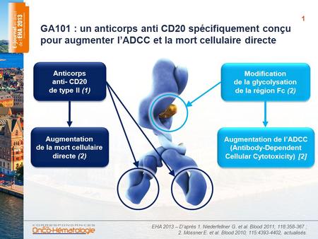 GA101 : un anticorps anti CD20 spécifiquement conçu pour augmenter l’ADCC et la mort cellulaire directe Anticorps anti- CD20 de type II (1) Modification.