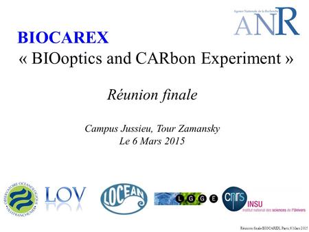 Réunion finale BIOCAREX, Paris, 6 Mars 2015 BIOCAREX « BIOoptics and CARbon Experiment » Réunion finale Campus Jussieu, Tour Zamansky Le 6 Mars 2015.