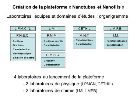 L.P.M.C.N.L.M.I. Laboratoires, équipes et domaines d’études : organigramme P.N.E.C. - Synthèse - Graphène - Caractérisation - Nanomécanique - Emission.