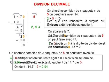 DIVISION DECIMALE On cherche combien de « paquets » de 5 on peut faire avec 14. 1 4, 7 , 5 2 × 5 = 10 Dès que l’on rencontre la virgule au dividende,