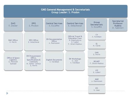 GMS General Management & Secretariats Group Leader: S. Prodon DAO F. Ziesler DAO Office E. Perrin Office & Space Logistics E. Piemonti Spalazzi DPO S.
