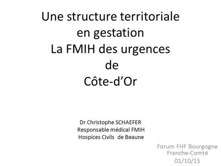 Une structure territoriale en gestation La FMIH des urgences de Côte-d’Or Dr Christophe SCHAEFER Responsable médical FMIH Hospices Civils de Beaune Forum.