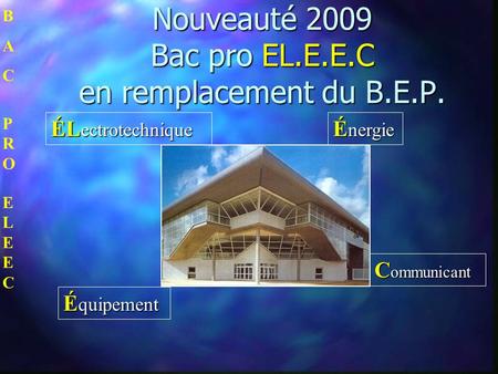 PROPRO BACBAC ELEECELEEC Nouveauté 2009 Bac pro EL.E.E.C en remplacement du B.E.P. ÉL ectrotechnique É nergie É quipement C ommunicant.