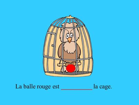 La balle rouge est __________ la cage.. La balle rouge est dans la cage.